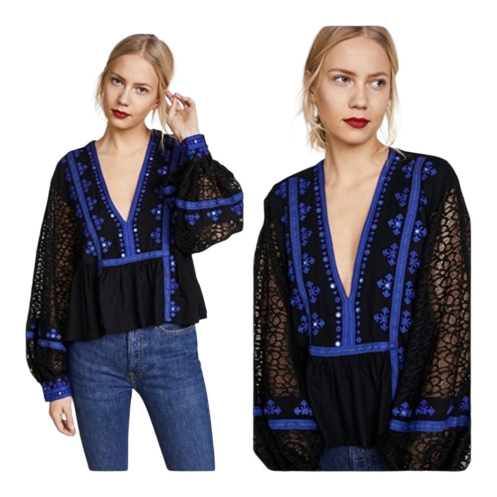 Free People Black Blue Boogie All Night Lace Sleeves Cropped Top Women's Size M